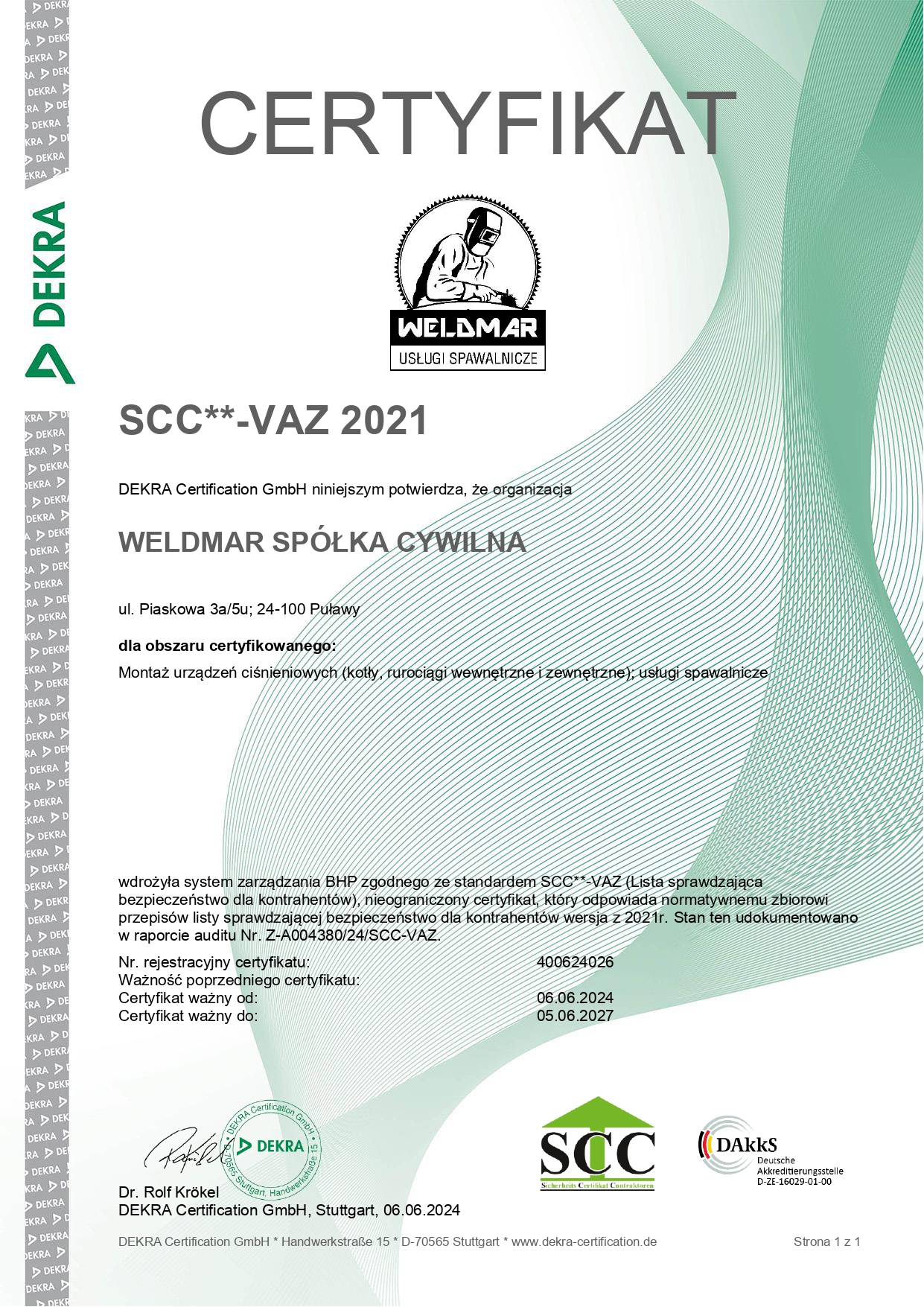 Certyfikat SCC**-VAZ 2021